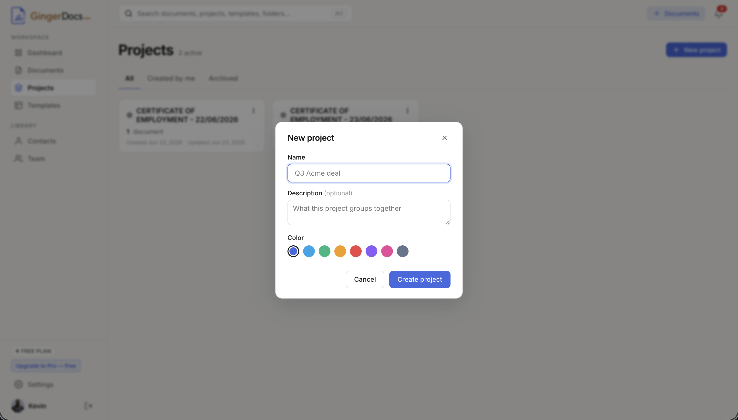 The Add to project dialog opened from a document, with a search box, a New project shortcut, and a checklist of projects with several ticked