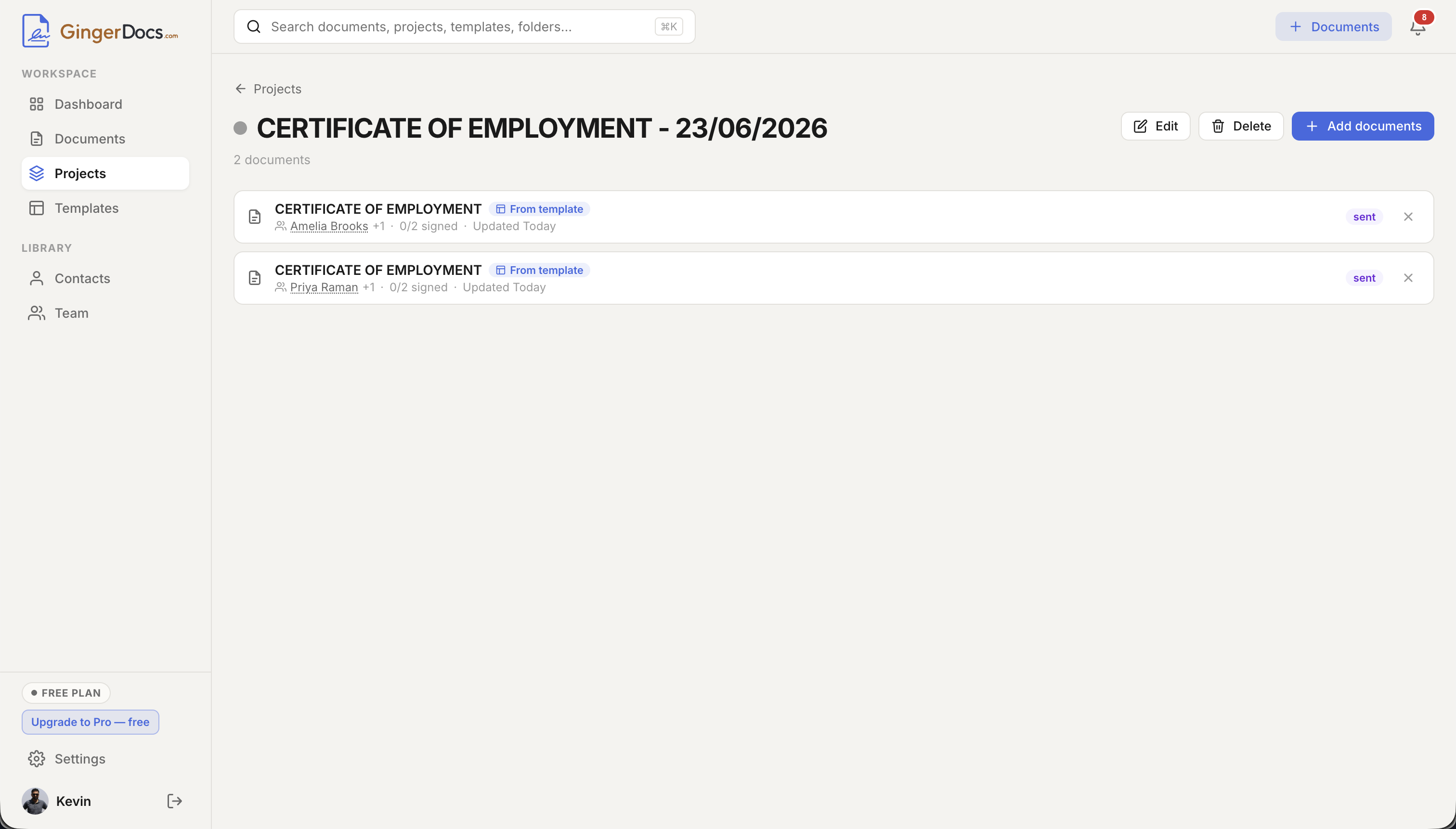 A project detail page listing its documents with recipients, signing progress, status badges, and a From template chip, plus an Add documents button