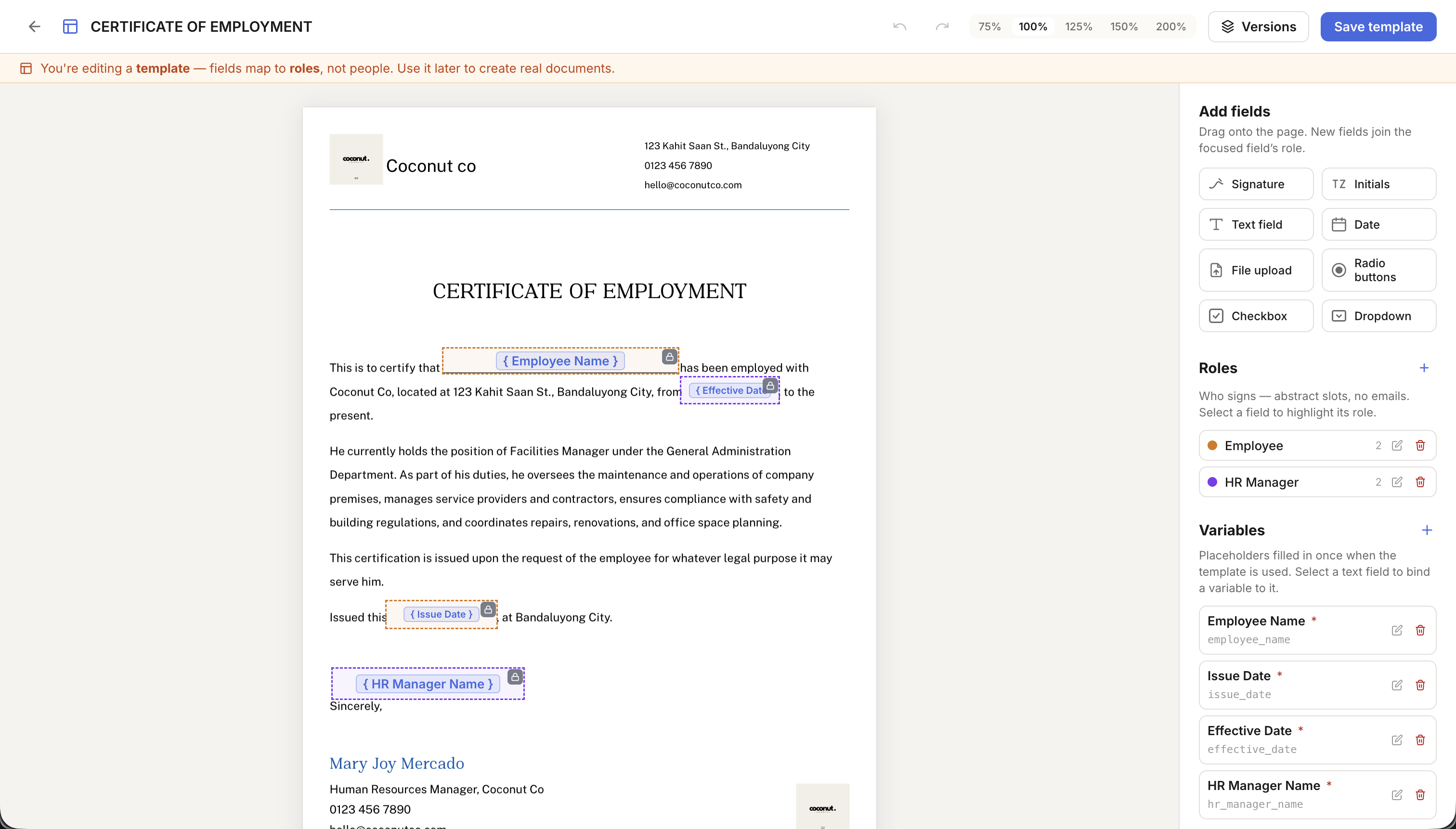 The template field editor: a Certificate of Employment PDF with variable tokens placed on the page, the fields-map-to-roles banner, and a panel listing the Employee and HR Manager roles with their field counts