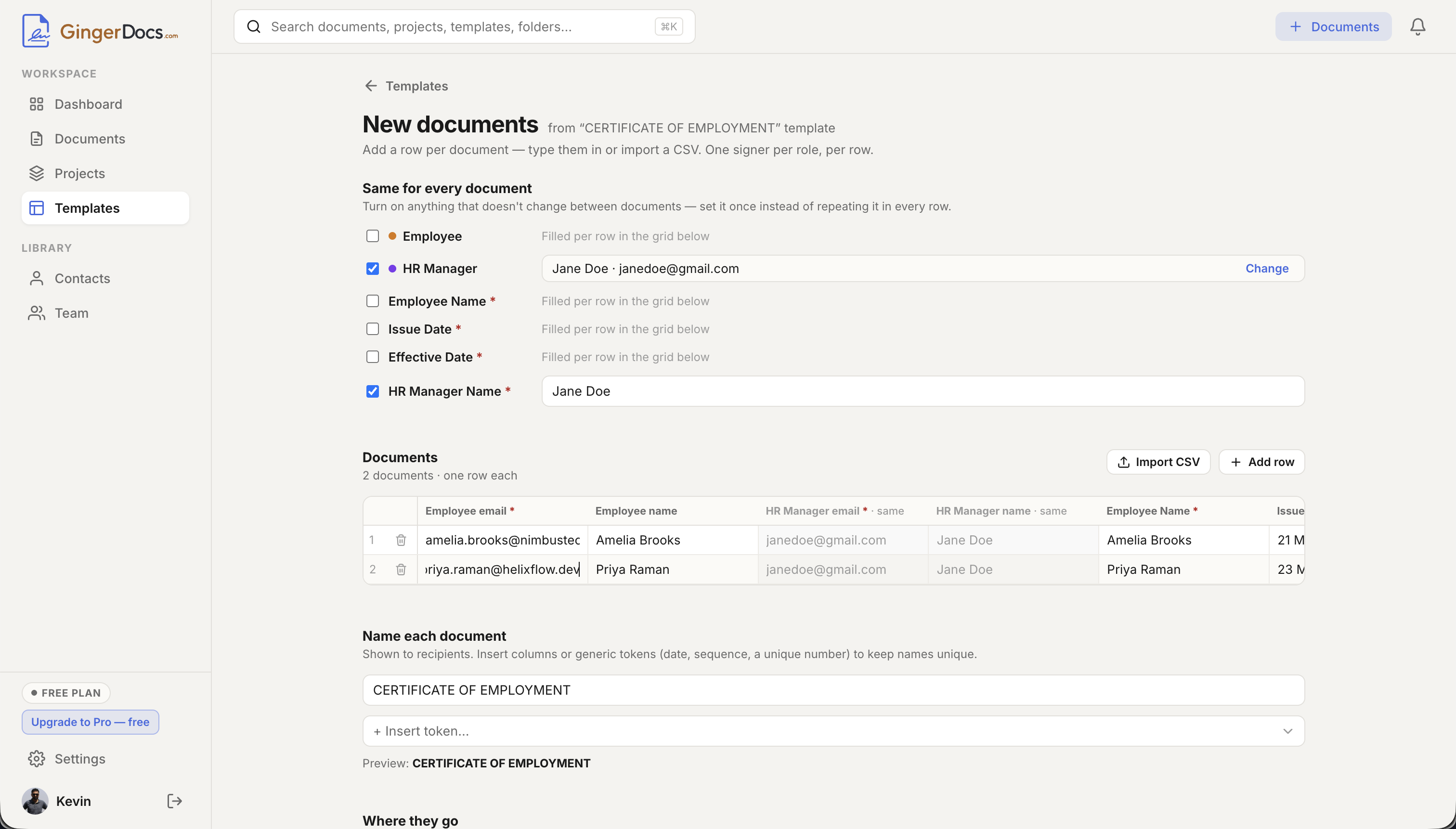 The New documents screen for the Certificate of Employment template: Same-for-every-document toggles pinning the HR Manager, a grid with one row per employee, Import CSV and Add row buttons, and a document-name field with insertable tokens