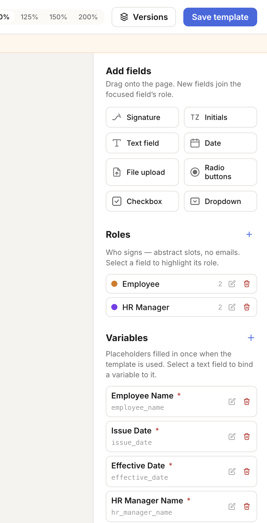 The template editor panel: the eight field types, the Employee and HR Manager roles, and four required variables — Employee Name, Issue Date, Effective Date, and HR Manager Name — each with its key